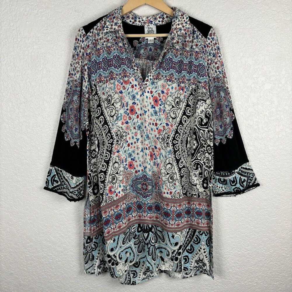 Anthropologie Ivy Jane Floral Boho Mixed Print Womens Tunic Top Large Festival